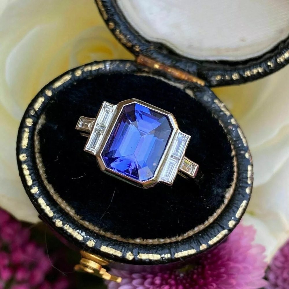 NIB Art Deco Lab-Created Huge Sapphire Sz 5.5 Sterling Ring Gorgeous!